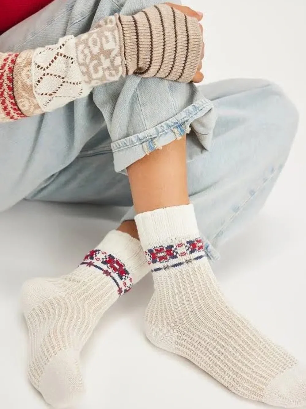 Free People Floral Ribbed Knit Socks NWT Cream Red